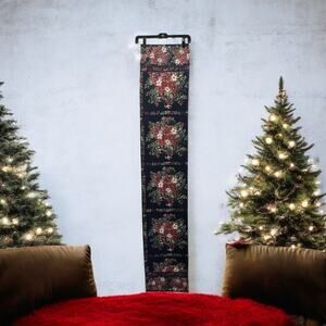 April Cornell Christmas Burgundy Pink Poinsettia Navy Blue Cotton Table Runner